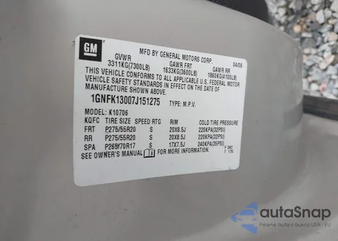 2007 Chevrolet Tahoe Ltz z USA, uszkodzony, nr VIN 1GNFK13007J151275